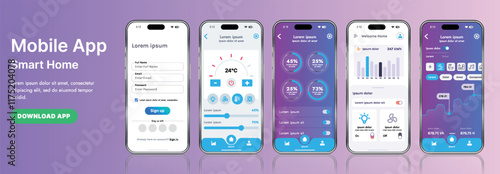 A sleek smart home application interface template featuring modern icons and a gradient design. Includes navigation menus for managing devices, monitoring security, controlling temperature