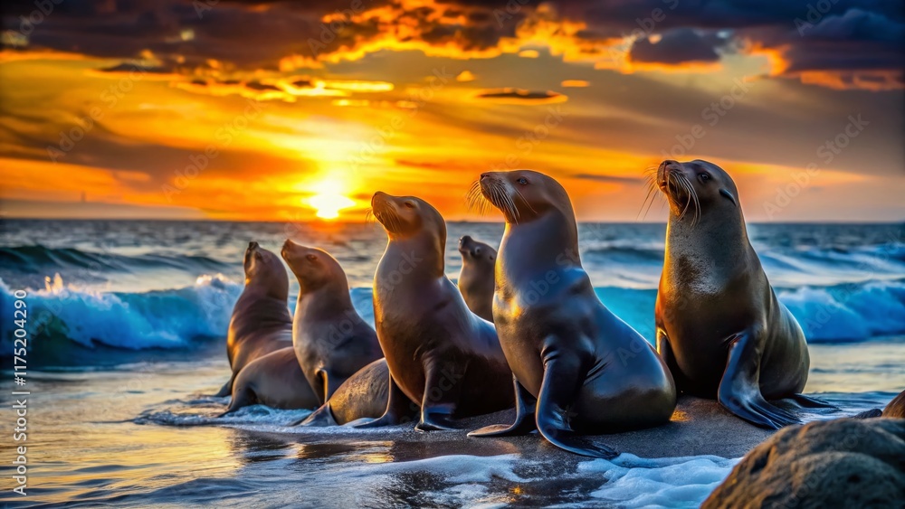 Fototapeta premium Silhouetted Sea Lions at Sunset, Dramatic Ocean Scene