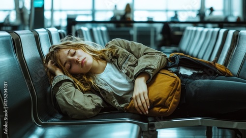 A female traveler weary and disheartened lies across empty airport chairs clutching her bag in a quiet waiting area