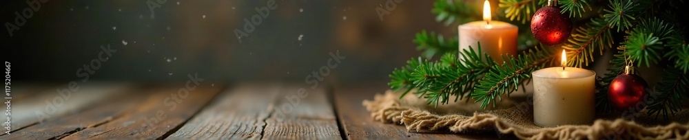 Tiny evergreen tree with candles and ornaments, intimate, burlap Tiny evergreen tree with candles and ornaments, intimate, burlap