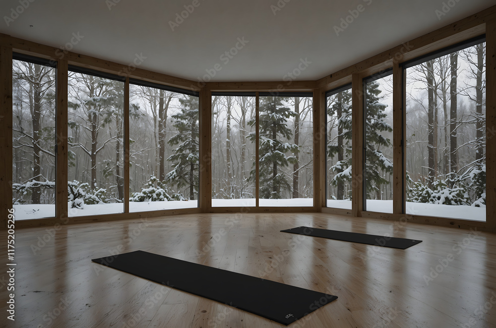 Fototapeta premium Bright yoga studio with snowy forest view