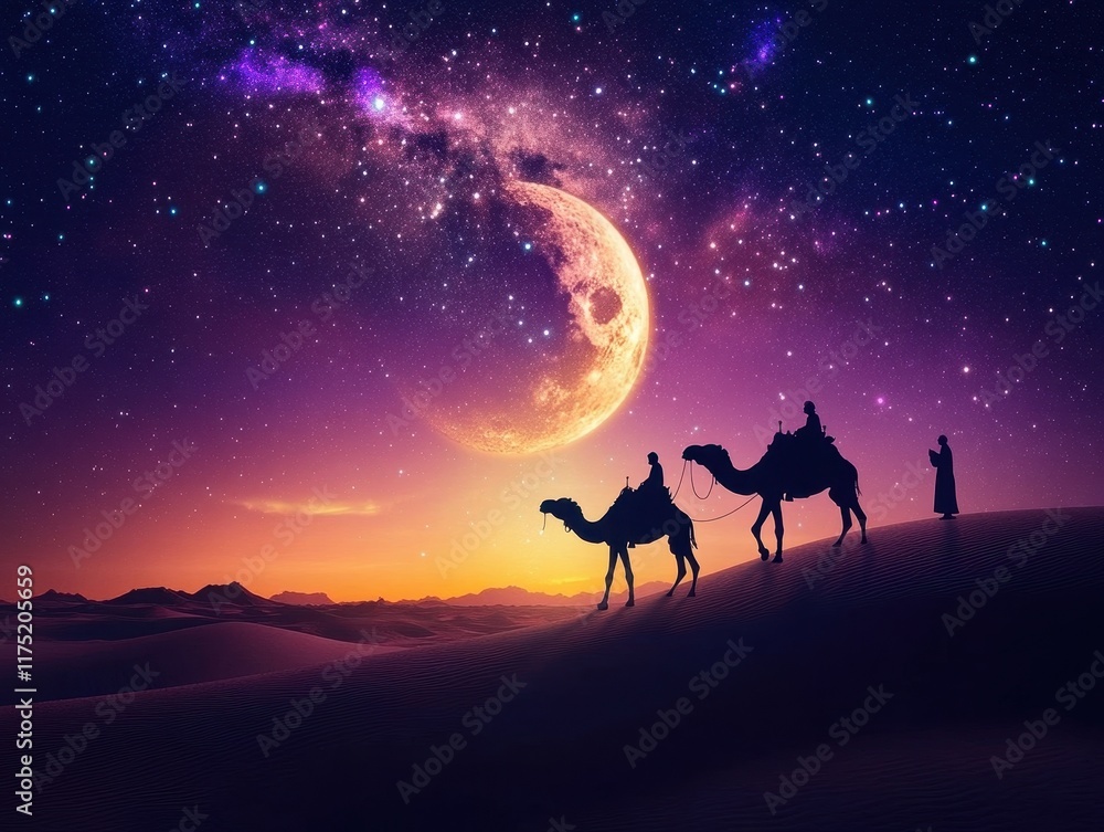 Caravan Silhouette Against a Starry Desert Night Caravan Silhouette Against a Starry Desert Night