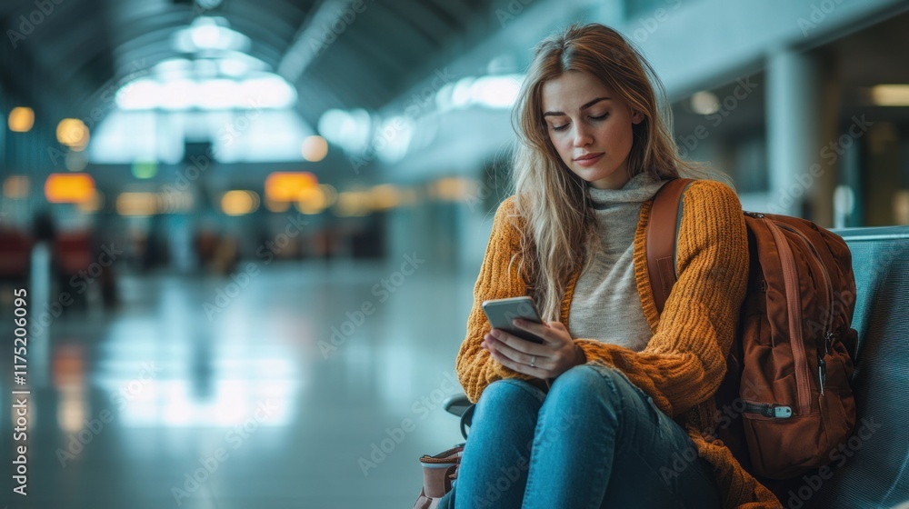 Fototapeta premium Female traveler sits alone at a vacant airport gate absorbed in her phone expressing a sense of hopelessness and fatigue