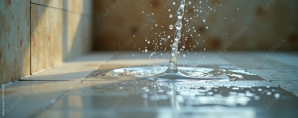 Water droplets on bathroom floor from broken hose, flood, splatter