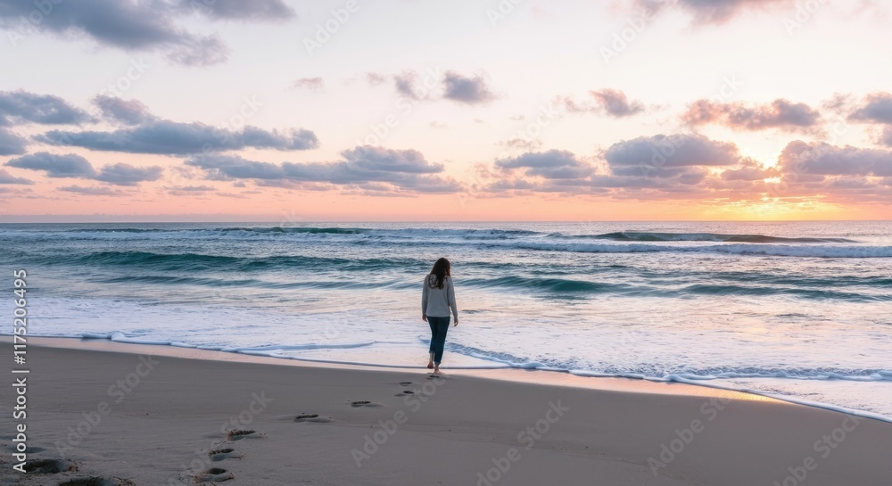 Woman walking on beach at sunrise, serene ocean view Woman walking on beach at sunrise, serene ocean view