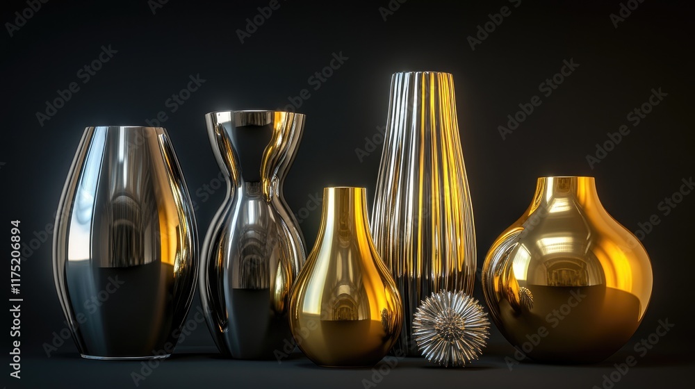 Silver and gold vases placed on a dark, rich color background, their smooth surfaces reflecting the soft ambient light. Silver and gold vases placed on a dark, rich color background, their smooth surfaces reflecting the soft ambient light.