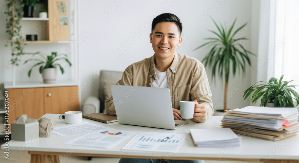 Asian male using laptop, working at desk in cozy, well-lit home office with plants Asian male using laptop, working at desk in cozy, well-lit home office with plants