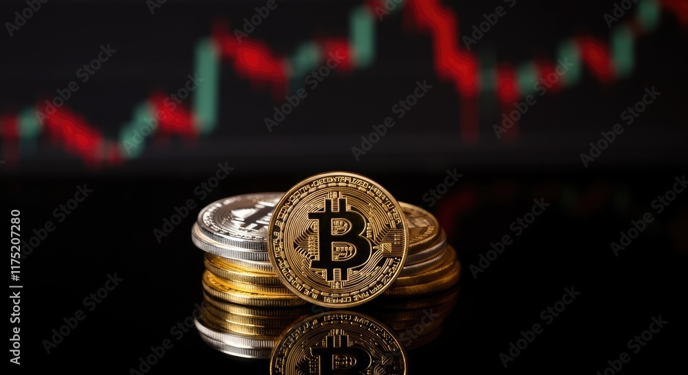 Stack of cryptocurrencies with Bitcoin logo in front declining chart Stack of cryptocurrencies with Bitcoin logo in front declining chart