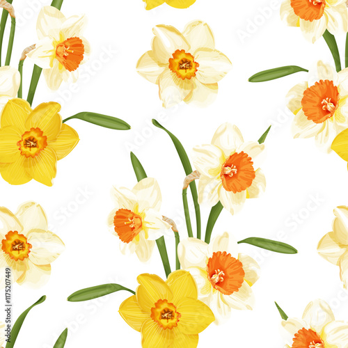 Bright and elegant seamless vector pattern featuring yellow and white daffodils with green stems on a white background.