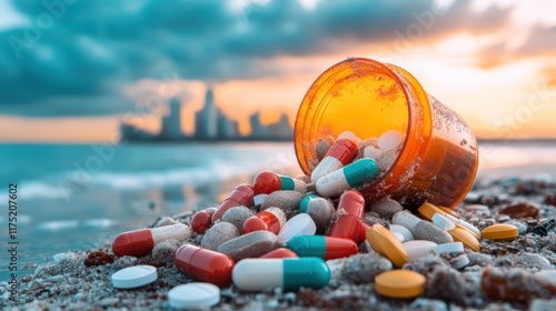 An orange medicine bottle overflows, scattering colorful pills across a sandy beach at sunset, highlighting environmental carelessness and issues related to drug disposal. photo