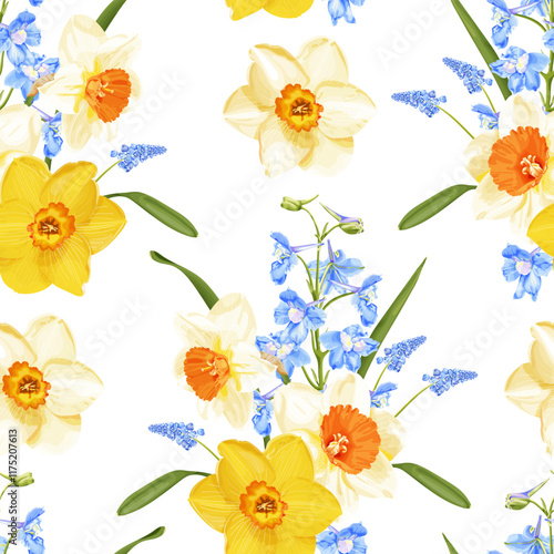 A seamless floral vector pattern featuring yellow and white daffodils paired with delicate blue delphinium blooms.