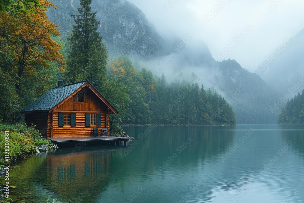 Fototapeta premium a peaceful wooden cabin sits by a serene lake surrounded by towering trees and majestic mountains capturing the essence of tranquility in a natural landscape
