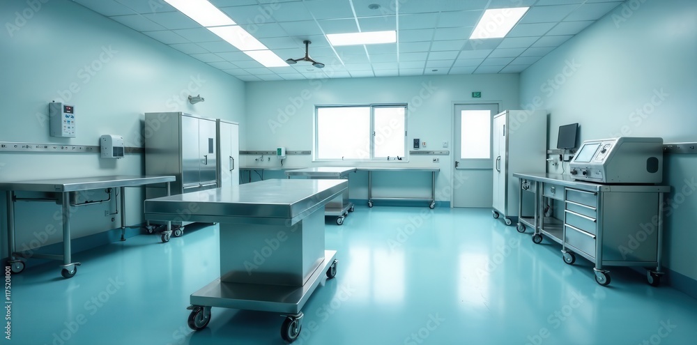 Gleaming stainless steel tables dominate a pristine morgue interior , morgue, sterile, body Gleaming stainless steel tables dominate a pristine morgue interior , morgue, sterile, body