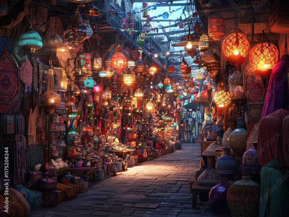 Enchanted Market Street at Night: Vibrant Lanterns and Colorful Goods Enchanted Market Street at Night: Vibrant Lanterns and Colorful Goods