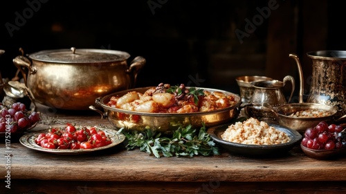 A vivid portrayal of a medieval feast featuring abundant dishes, rich textures, and an array of foods and goblets, capturing opulence and historical charm in detail. photo