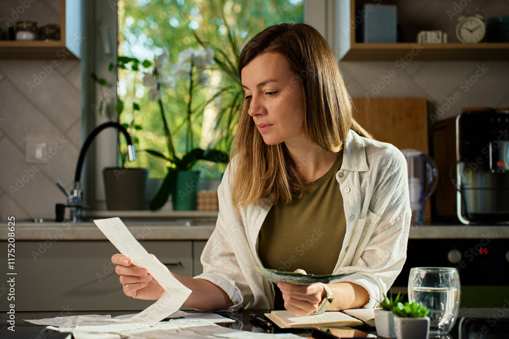 Stressed woman reviewing bills at home. Female organizing receipts, sitting at kitchen table with laptop and paper documents. Concept of budgeting and managing personal finances