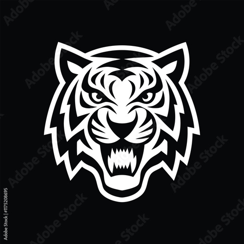 Black and white tiger head silhouette vector illustration art.