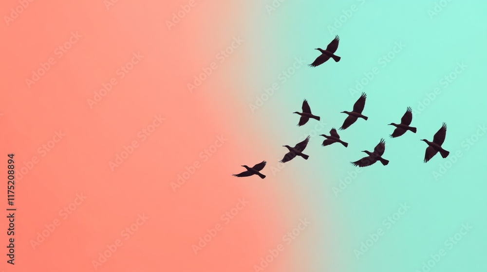 Fototapeta premium Birds flying in pastel sky.