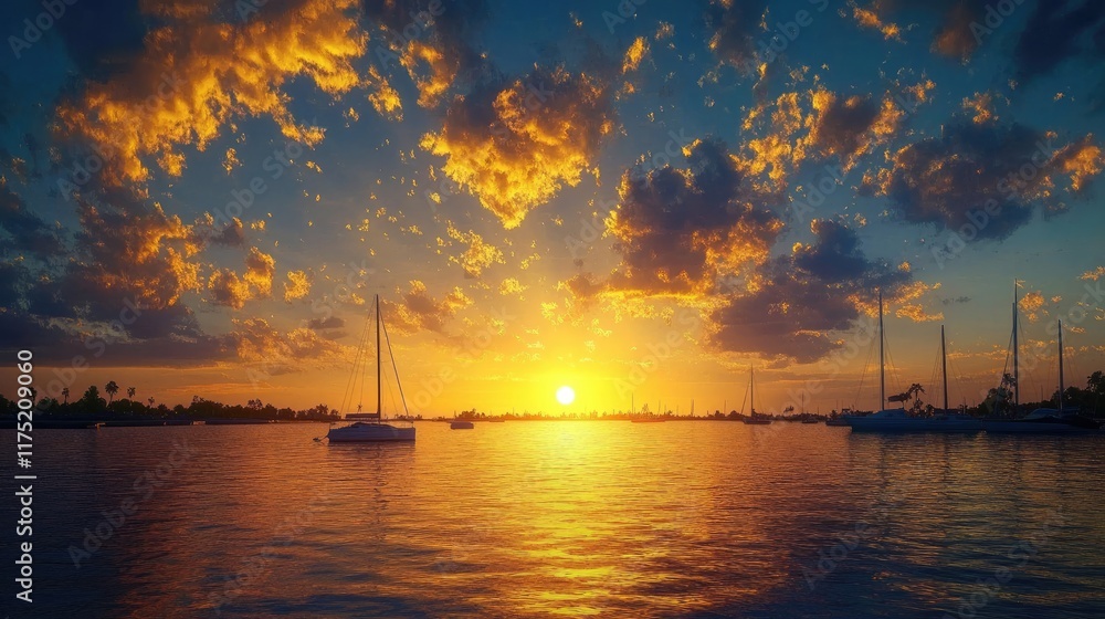Golden Sunset Over Calm Water Sailboats At Rest Golden Sunset Over Calm Water Sailboats At Rest
