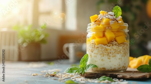 A front-angle view of a glass jar filled with overnight oats, layered with mango and coconut, with a softly blurred café backdrop.