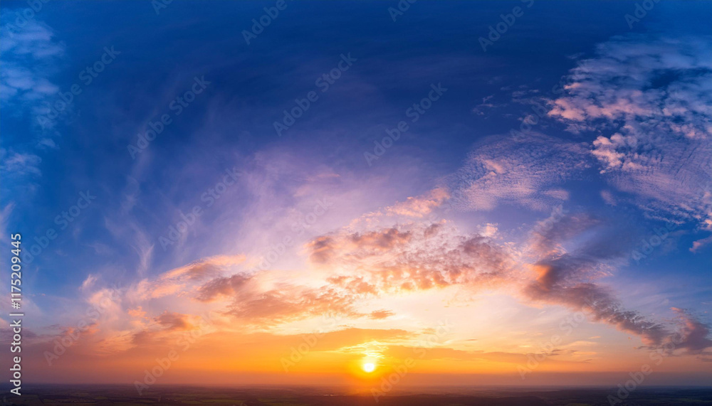 Fototapeta premium amazing real sky gentle colors panoramic sunrise sundown sanset sky with colorful clouds without any birds large panoramic sky with sun cloudscape