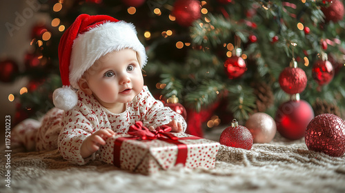 A baby in a classic Santa outfit, sitting next to a Christmas tree with shiny ornaments and reaching for a gift box. photo