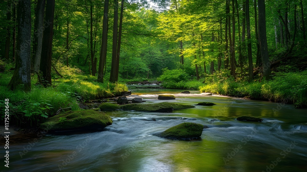 Fototapeta premium Forest stream, lush greenery, mossy rocks, wooden footbridge, dappled sunlight, tranquil water, long exposure, serene atmosphere, vibrant foliage, nature photography, peaceful landscape, ethereal glow