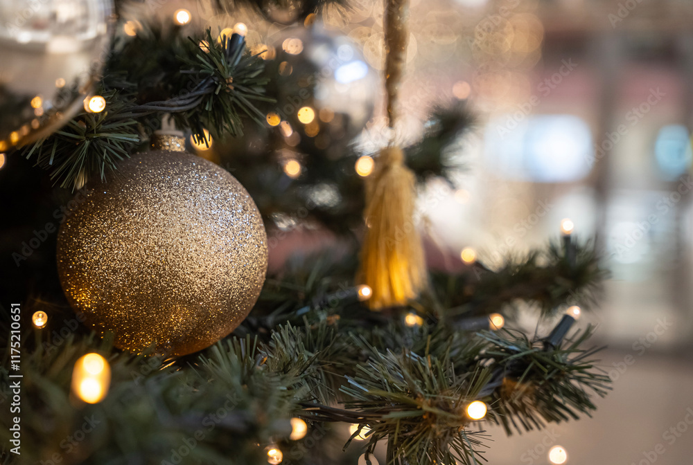 Christmas tree with Christmas decorations and lights in the city center