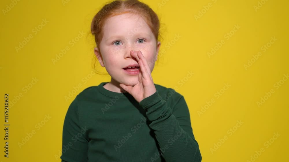 Child with red hair playfully whispering against a bright yellow background Child with red hair playfully whispering against a bright yellow background