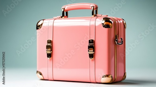 A modern pink suitcase featuring shiny surfaces and gold trim, offering a bold and stylish option for travelers seeking a unique and fashionable luggage choice. photo