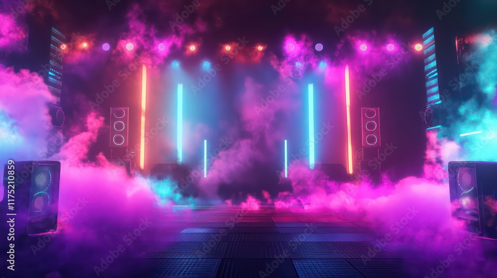 Obraz premium Neon lights illuminate a stage with speakers and pink, blue smoke.