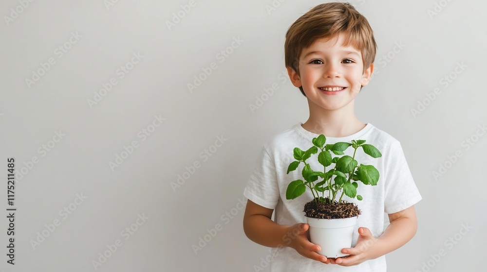 Happy Young Boy Holding Potted Plants in His Hands on White Background Happy Young Boy Holding Potted Plants in His Hands on White Background