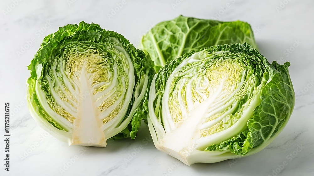 Obraz premium Halved Fresh Green Cabbage Lying on Clean White Surface