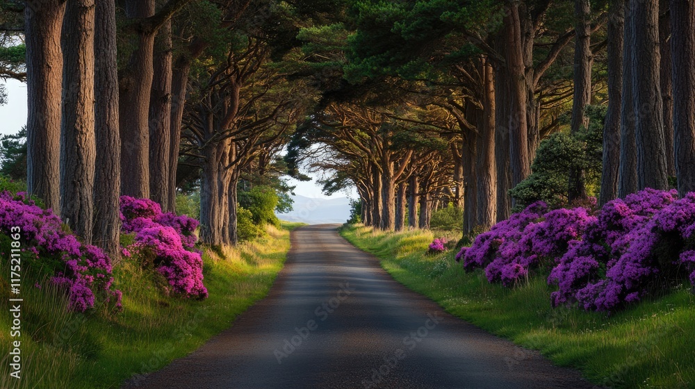 A scenic road lined with tall trees and purple flowers A scenic road lined with tall trees and purple flowers