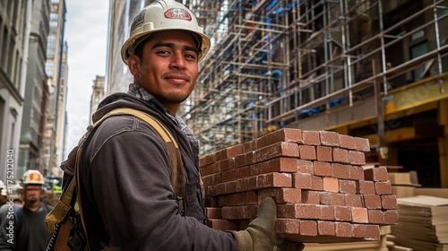 Construction Worker Carrying Bricks In City Setting