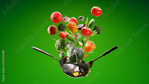 Healthy fresh vegetables and spices flying in the air with frying pan and gold olive oil on the green modern background