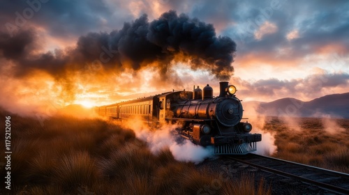 A dynamic steam train charges across open land as the sun sets, casting golden rays and darkening smoke, against a breathtaking, open skies and expanding landscape. photo