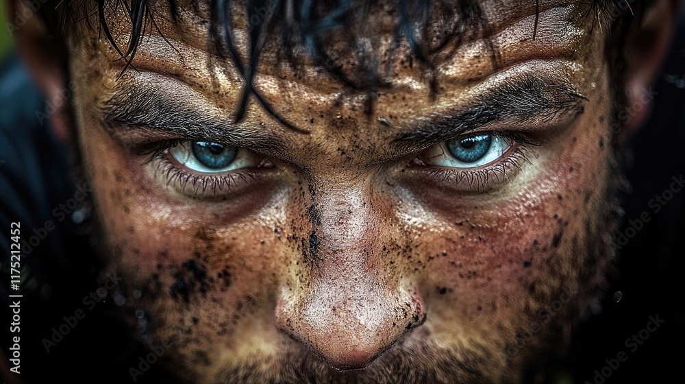 Dirty Faced Man With Intense Blue Eyes Stares Dirty Faced Man With Intense Blue Eyes Stares