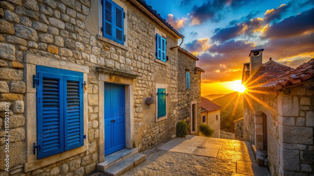 Fototapeta premium Silhouette of Croatian Coastal House, Blue Door, Novi Vinodolski Sunset