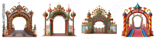 Carnival roller coaster entrance gate isolated on transparent background, Set of