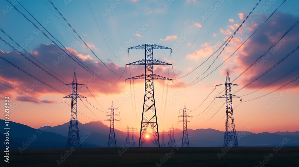 Fototapeta premium Golden light traveling along power lines at dawn,representing sustainable energy flow