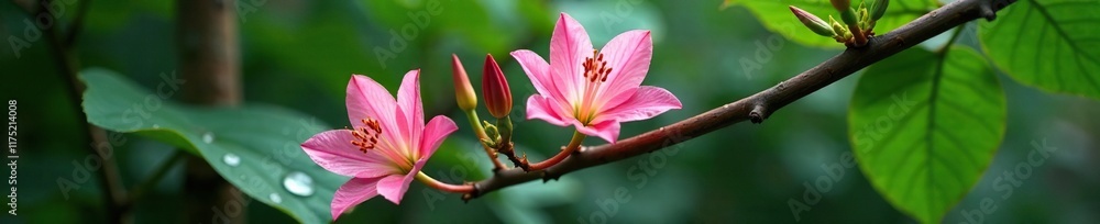 Fototapeta premium Delicate pink kaffir lily flowers on a leafy branch with water droplets, water droplet, nature, plant