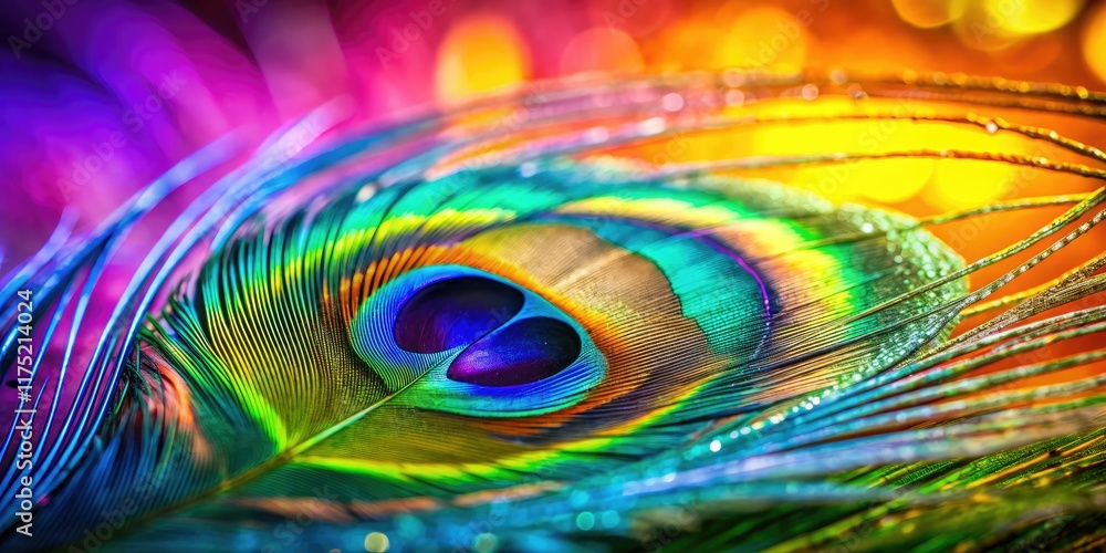 Naklejka premium Vibrant peacock feather closeup, blurred background, perfect for text. A colorful bird feather portrait.