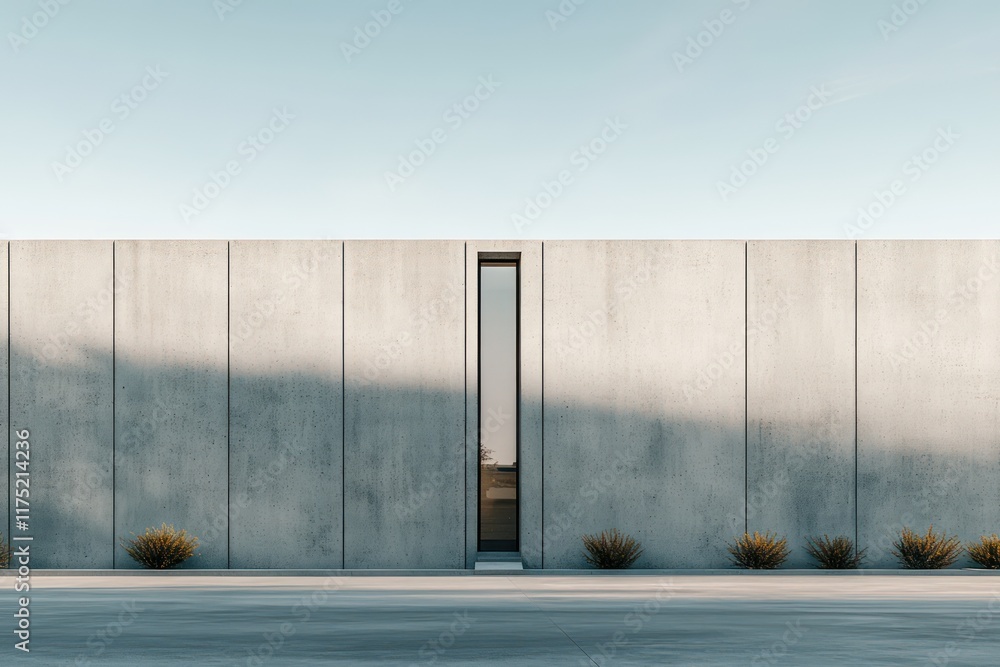 Obraz premium A smooth concrete minimalist exterior with a single vertical window and a recessed entryway