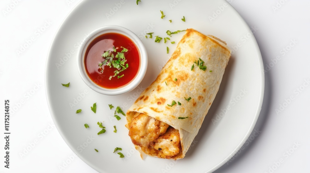 A flat-lay shot of a chicken wrap with a dipping sauce, creating a simple and appetizing presentation, on white A flat-lay shot of a chicken wrap with a dipping sauce, creating a simple and appetizing presentation, on white