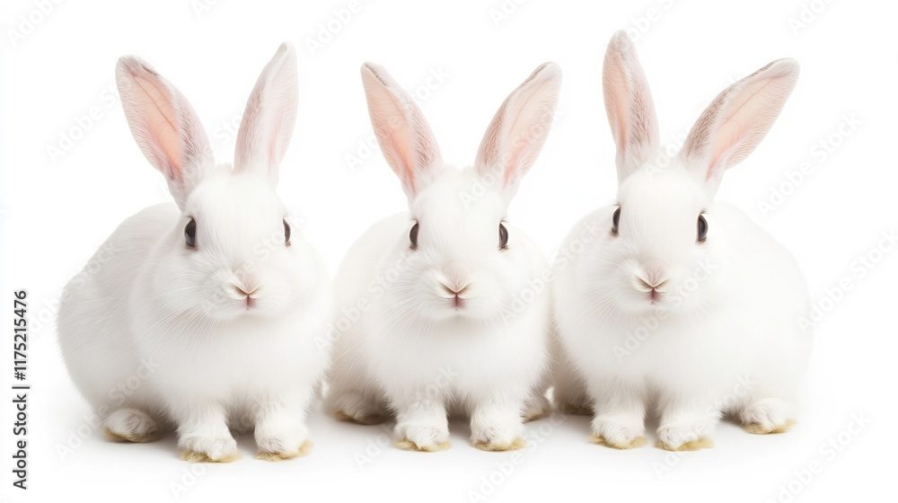 Three Fluffy White Rabbits Sitting Side by Side in a Minimalist Studio Setting Three Fluffy White Rabbits Sitting Side by Side in a Minimalist Studio Setting