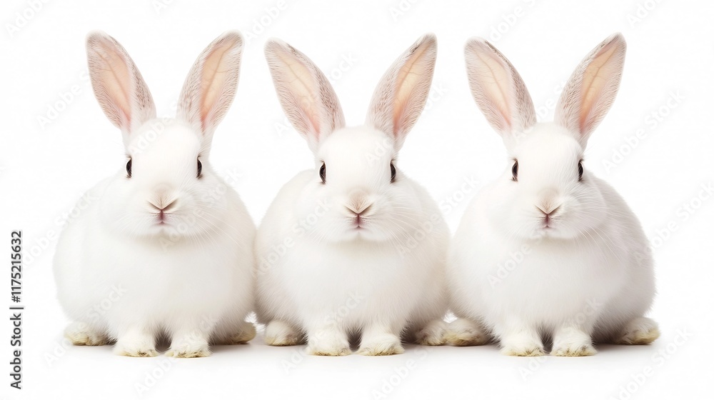 Three Fluffy White Rabbits Sitting Side by Side on White Background Three Fluffy White Rabbits Sitting Side by Side on White Background