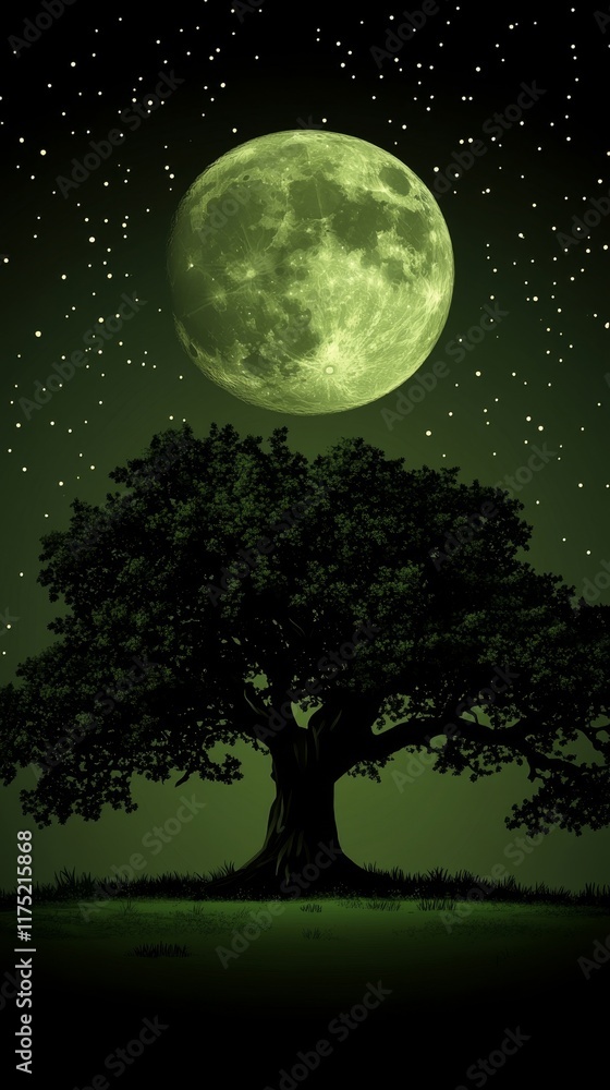 Serene Nightscape A Large Green Moon Illuminates a Silhouetted Tree Serene Nightscape A Large Green Moon Illuminates a Silhouetted Tree