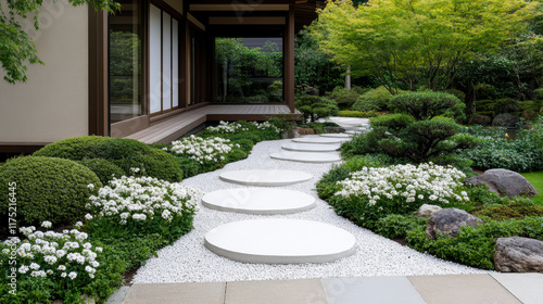 Fototapeta Naklejka Na Ścianę i Meble -  serene traditional Japanese garden with blooming flowers and stepping stones