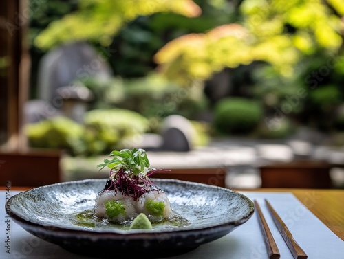 Savoring Takowasa Octopus with Wasabi Garnish Japanese Garden Culinary Art Tranquil Setting Gourmet Experience photo